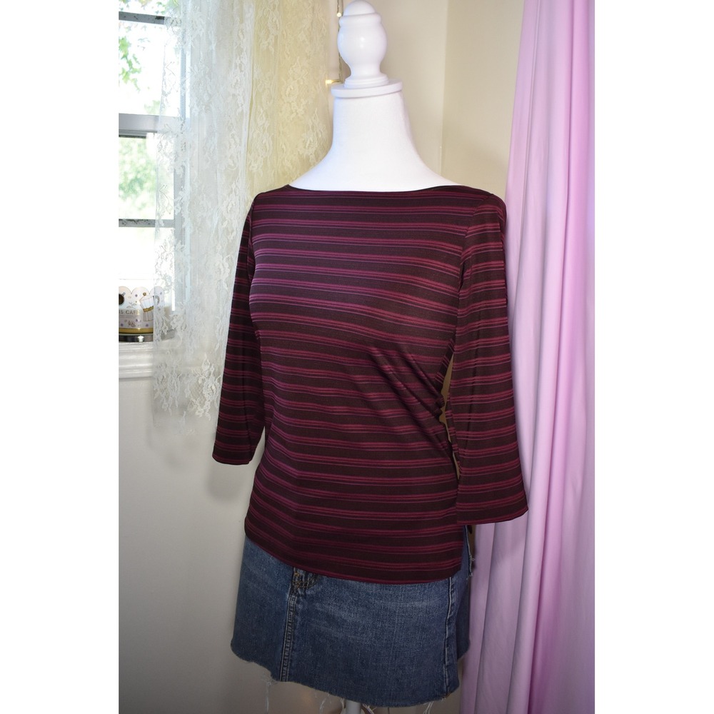 Arden B Vintage Berry Stripe Boat Neck Top 3/4 Sleeve Plum Maroon Medium USA